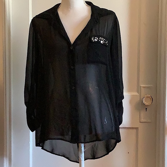 Tops - Sheer black blouse with gems on pocket